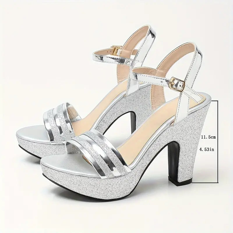 Elegant Women'S Chunky Heeled Sandals in Metallic Color, Featuring a Round Toe And Hollow Design, Perfect for Parties And Weddings., Women Shoes