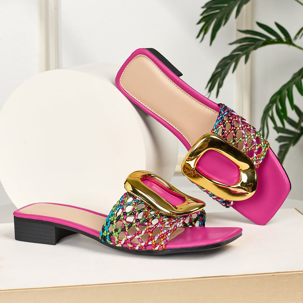 Woven Open-Toe Heeled Sandals with Gold Buckle, Comfortable Slip-On Style