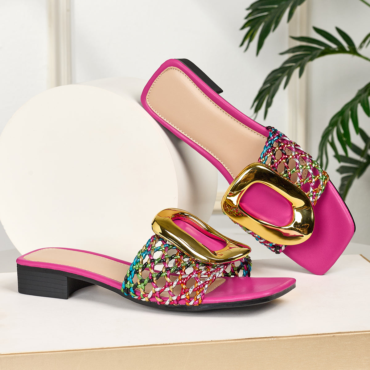 Woven Open-Toe Heeled Sandals with Gold Buckle, Comfortable Slip-On Style