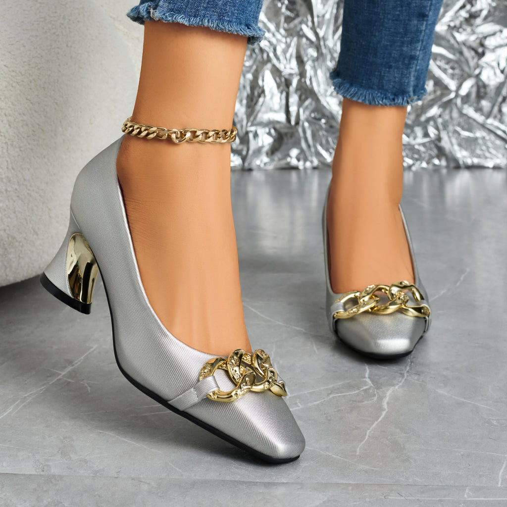 Elegant Women's Casual and Fashionable Small Square Metal Buckle High Heels, Comfortable and Versatile with Thick Heels, Suitable for Work, Leisure, Professional Parties, Women Shoes