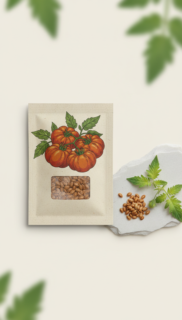 Heirloom tomato seed packet with plant sprig