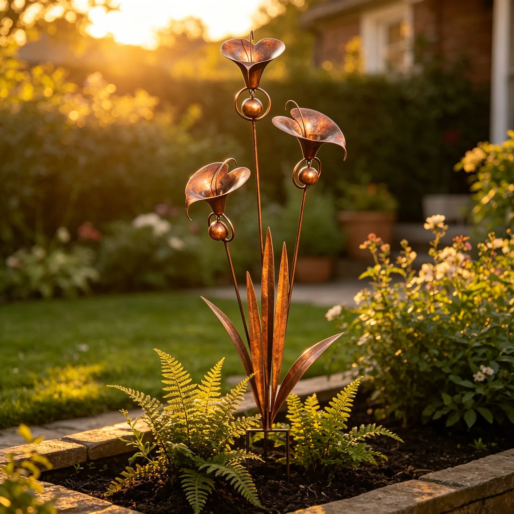 Flamed Copper Three Calla Lilies Garden Stake with Bells. 28 Handcrafted Outdoor Yard Art