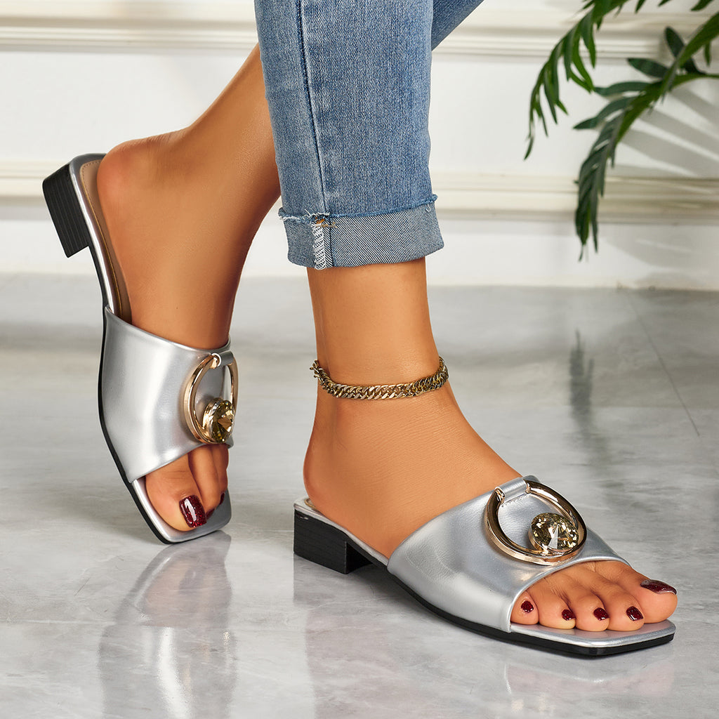 Women's Fashionable and Elegant Open-Toe Low Heel Sandals with Square Toe, Large Rhinestone, and Metal Buckle Slip-On Design, Suitable for Casual Parties, Banquets, and Outdoor Occasions, Women Shoes