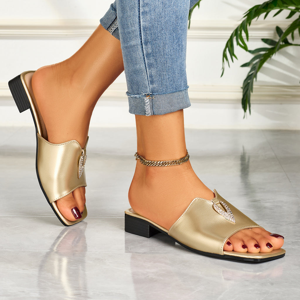 Women'S Elegant Open-Toe Flat Low-Heel Sandals, Fashionable Square Toe with Diamond Buckle, Slip-On Style, Suitable for Casual, Party, Banquet, And Outdoor Wear., Women Shoes