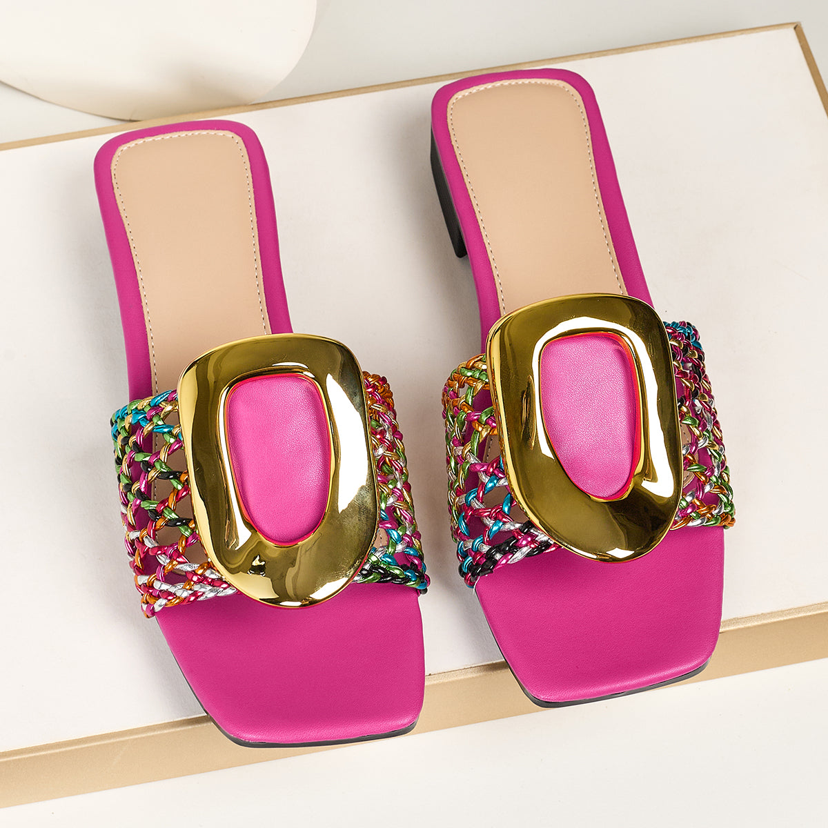 Woven Open-Toe Heeled Sandals with Gold Buckle, Comfortable Slip-On Style