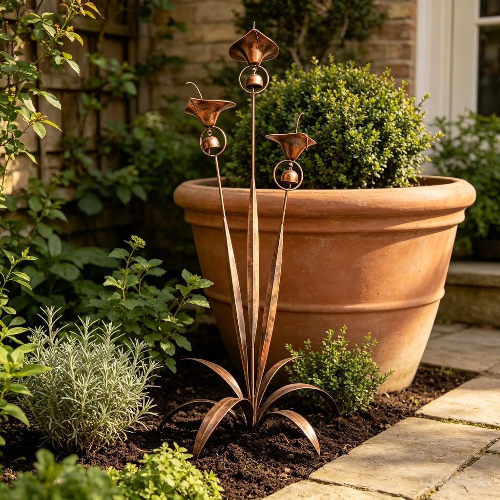 Flamed Copper Three Calla Lilies Garden Stake with Bells. 28 Handcrafted Outdoor Yard Art