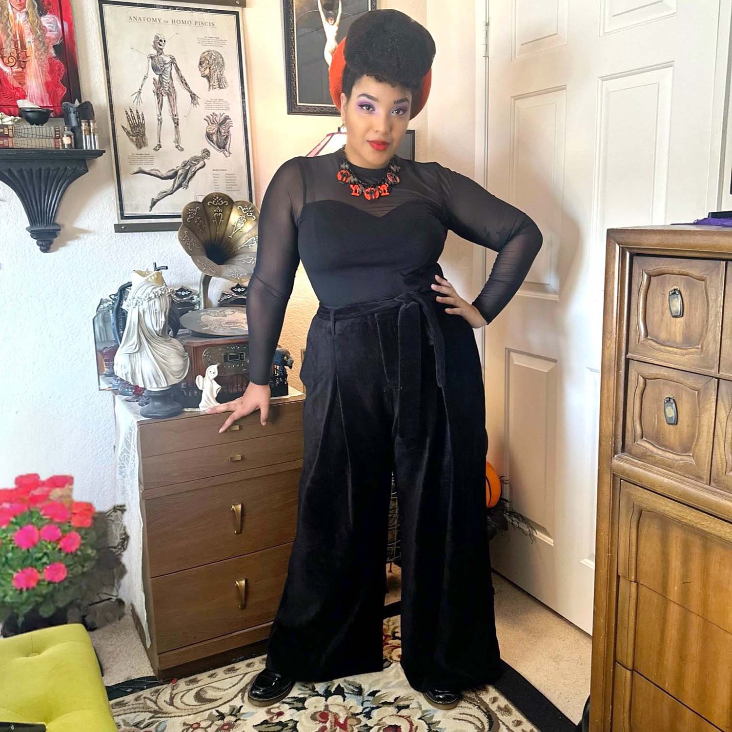 Wide Leg Cord Tailored Trousers - Black