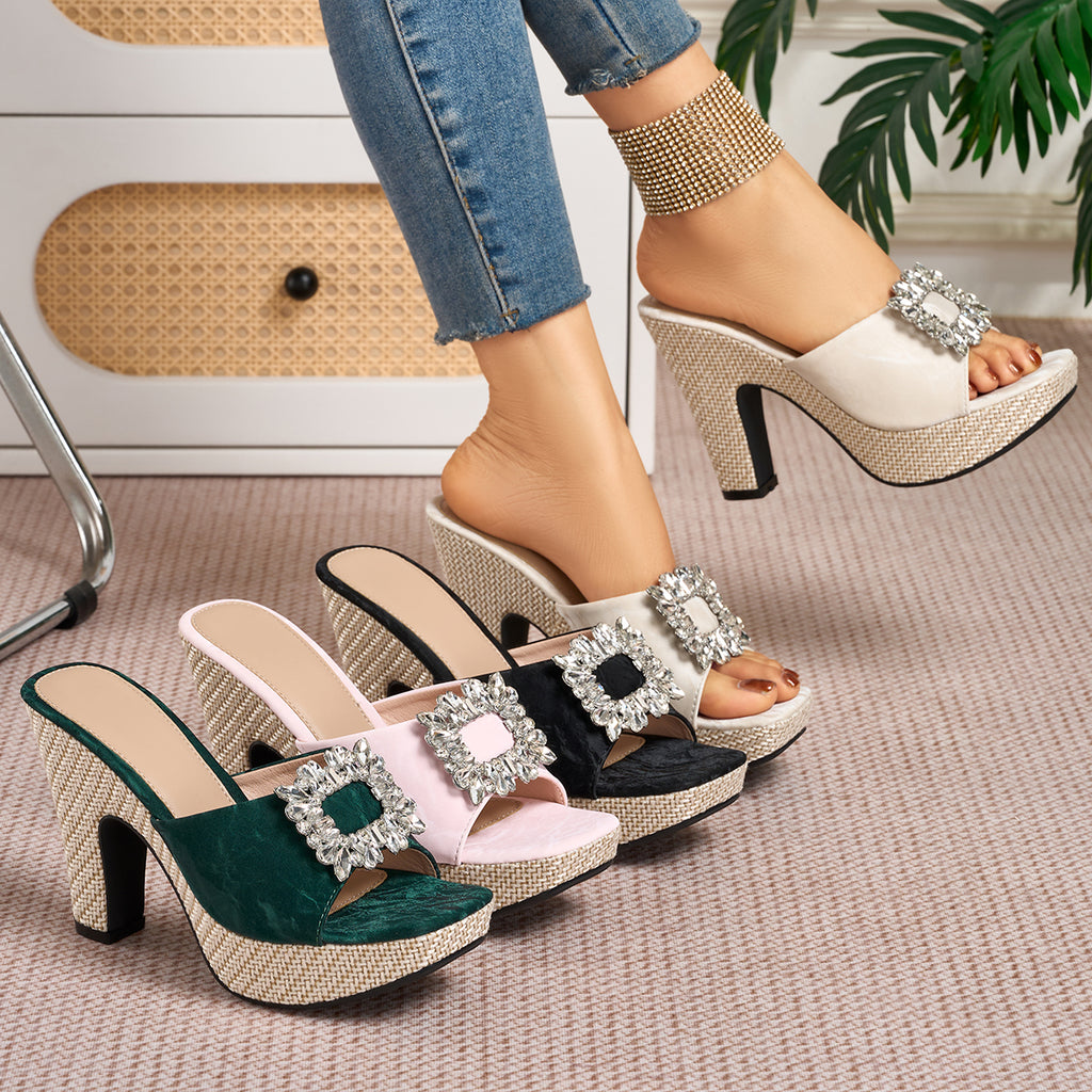 Elegant Women's Fashion Rhinestone Square Buckle High Heel Sandals, Women Shoes