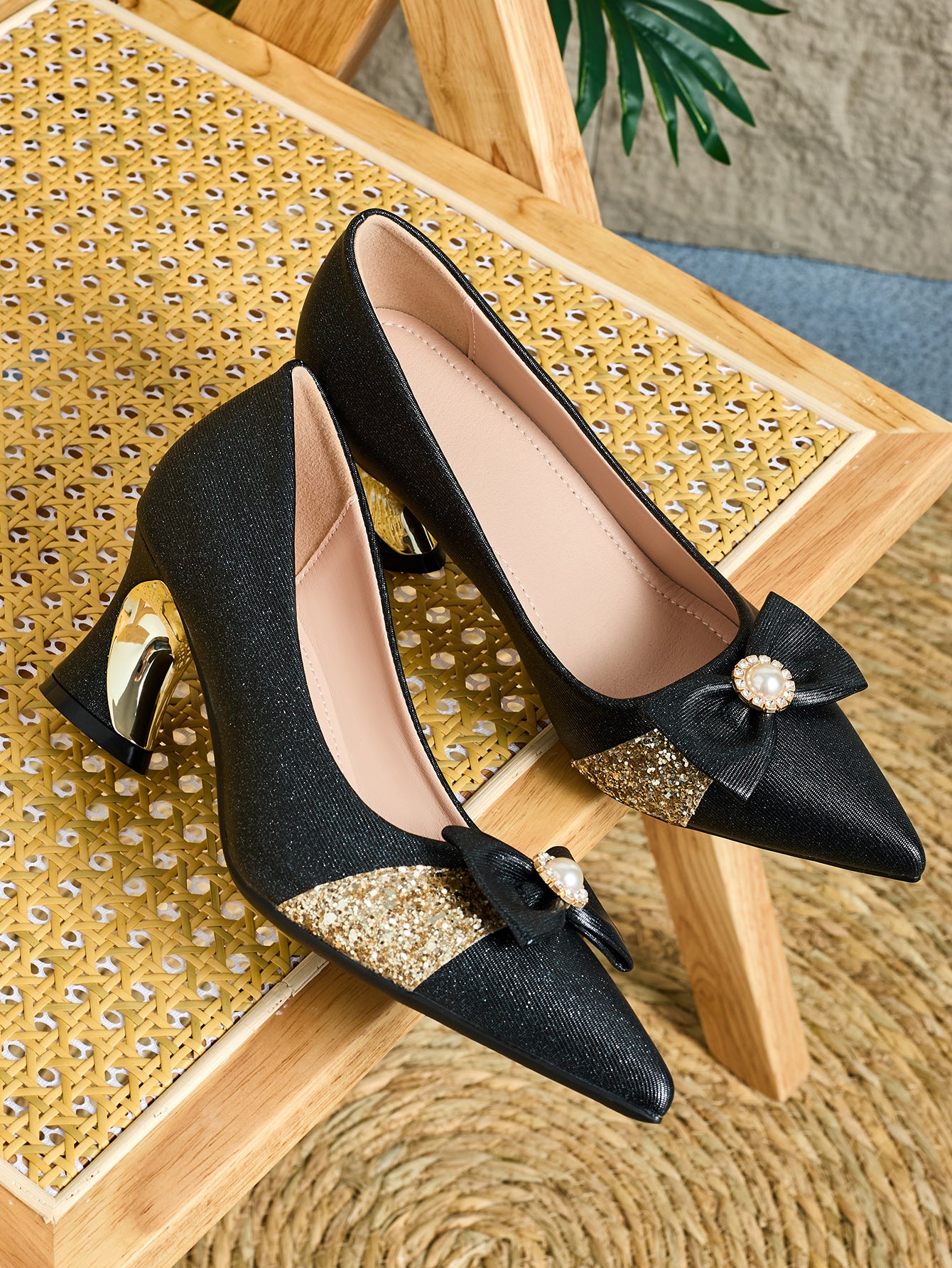 Elegant Women's Pointed-Toe High Heel Mules | Versatile Chunky Heel Dress Shoes for Work, Casual, and Party Wear - TPU Sole, Faux Cover Upper, Fashionable Design|Stylish Women's Footwear|Decorative Embellishments with Pearl Flower Accents