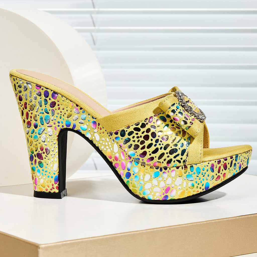 Women'S Stylish Round-Toe Metallic Animal Print Sandals with Bow And Rhinestone Buckle, Perfect for Parties, Women Shoes