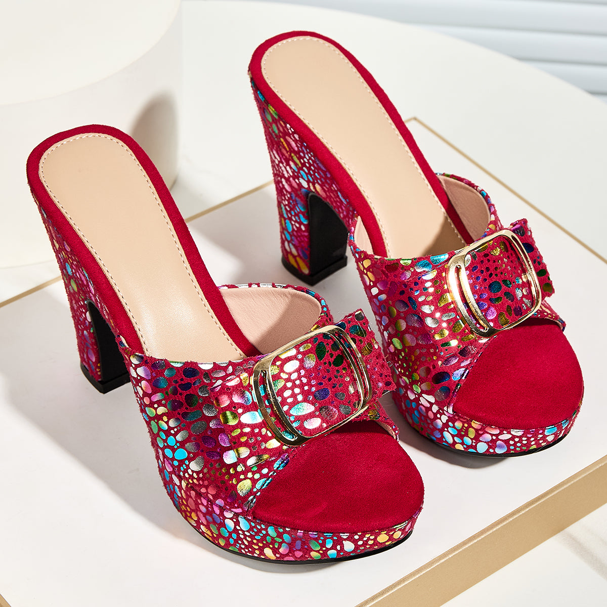 Elegant Women's Fashion Metallic Color Animal Texture Print Rhinestone Buckle Square Toe High Heel Platform Slip-On Slippers, Suitable for Parties and Banquets, Women Shoes