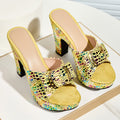 Elegant Women's Fashion Metallic Color Animal Texture Print Rhinestone Buckle Square Toe High Heel Platform Slip-On Slippers, Suitable for Parties and Banquets, Women Shoes