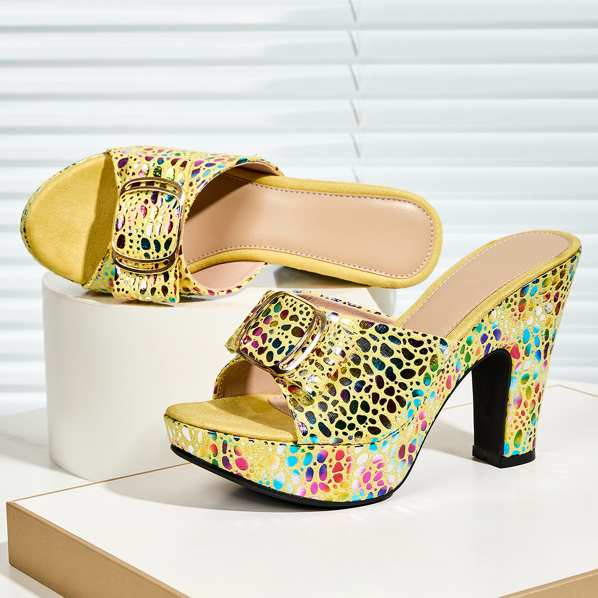 Elegant Women's Fashion Metallic Color Animal Texture Print Rhinestone Buckle Square Toe High Heel Platform Slip-On Slippers, Suitable for Parties and Banquets, Women Shoes