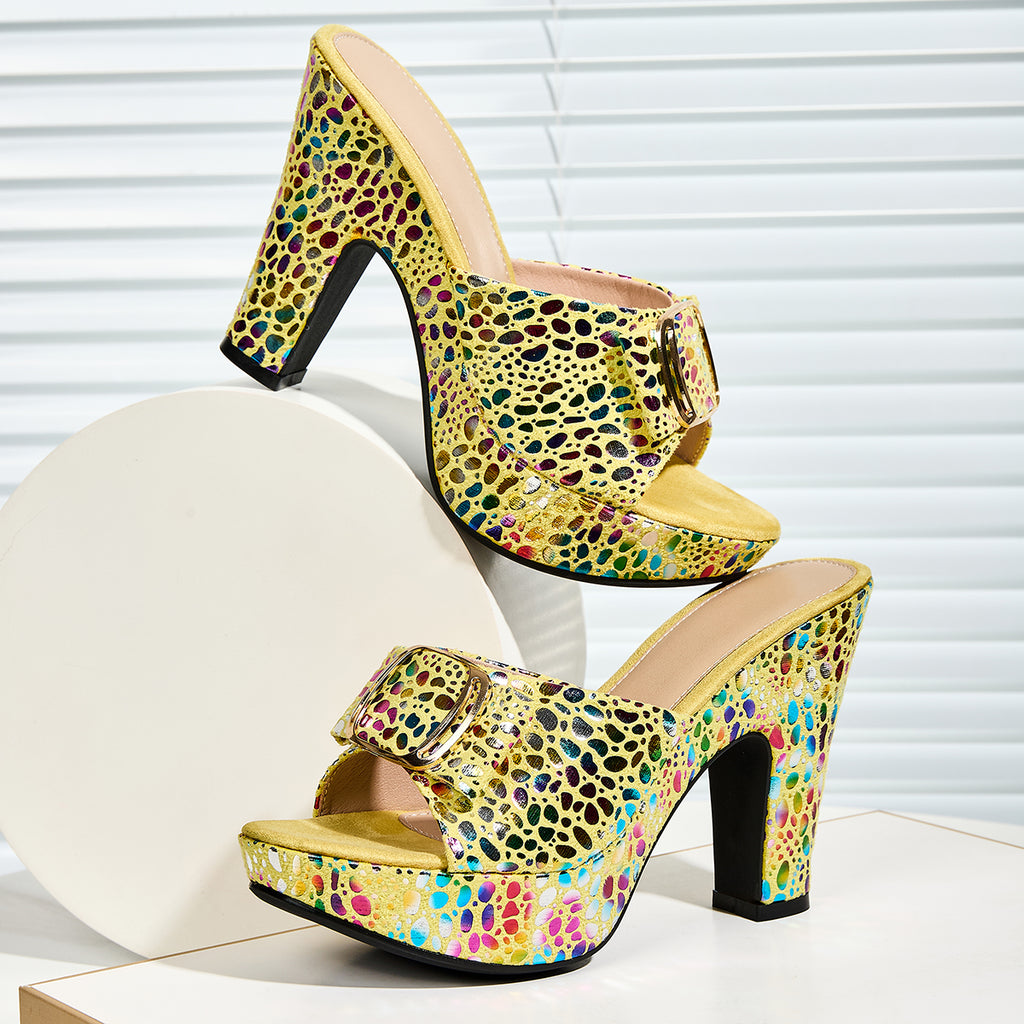 Elegant Women's Fashion Metallic Color Animal Texture Print Rhinestone Buckle Square Toe High Heel Platform Slip-On Slippers, Suitable for Parties and Banquets, Women Shoes