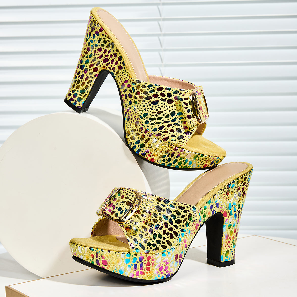 Elegant Women's Fashion Metallic Color Animal Texture Print Rhinestone Buckle Square Toe High Heel Platform Slip-On Slippers, Suitable for Parties and Banquets, Women Shoes