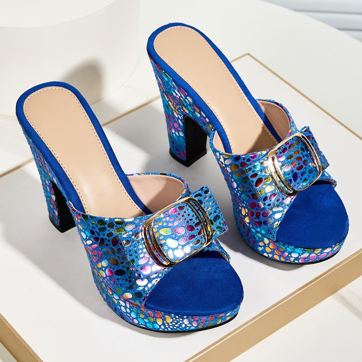 Elegant Women's Fashion Metallic Color Animal Texture Print Rhinestone Buckle Square Toe High Heel Platform Slip-On Slippers, Suitable for Parties and Banquets, Women Shoes
