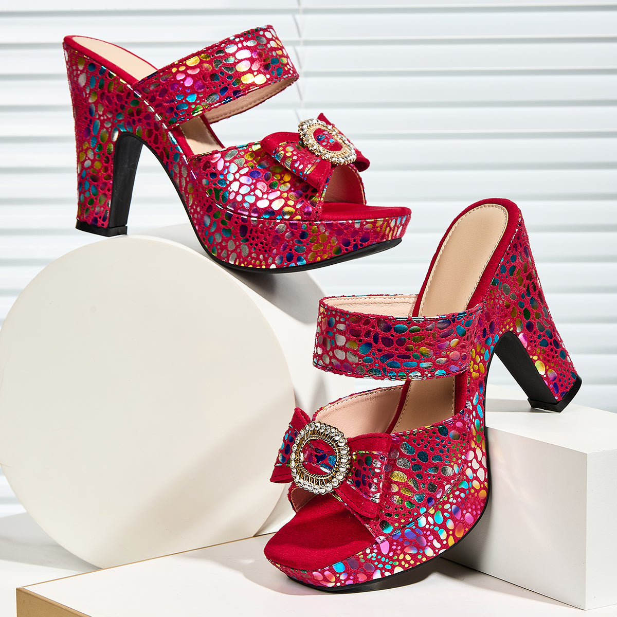 Women's Stylish Metallic/Animal Print High-Heeled Sandals with Bow/Rhinestone Buckle/Perfect for Parties/Women Shoes