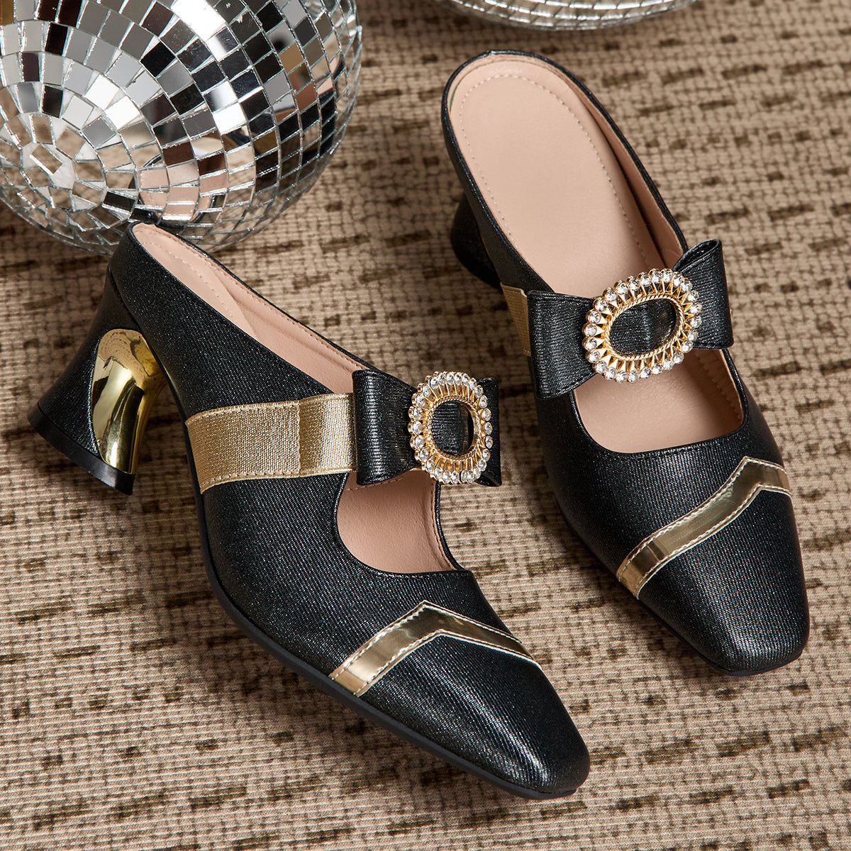 Ladies' Stylish High-Heeled Sandals with Chunky Heels And Rhinestone-Embellished Square Toes, Suitable for Weddings, Parties, And Casual Occasions., Women Shoes