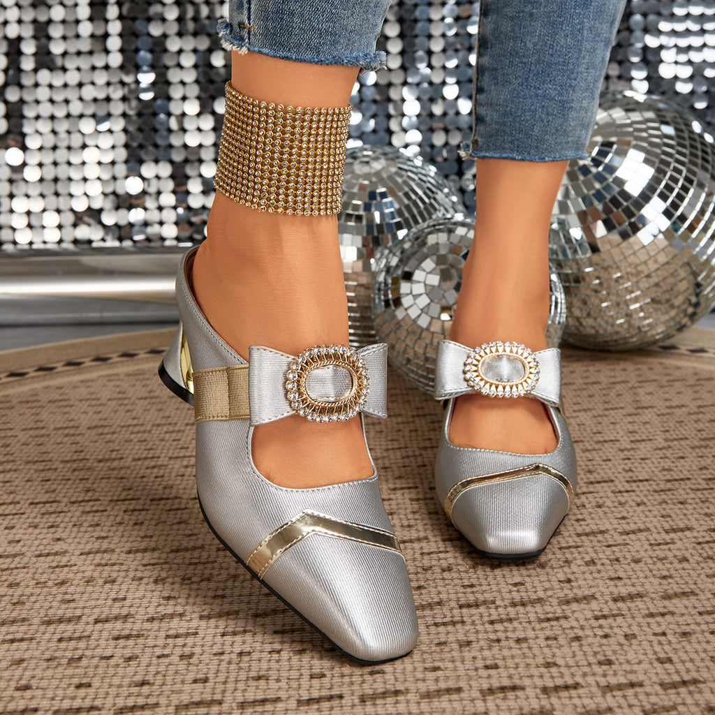 Ladies' Stylish High-Heeled Sandals with Chunky Heels And Rhinestone-Embellished Square Toes, Suitable for Weddings, Parties, And Casual Occasions., Women Shoes