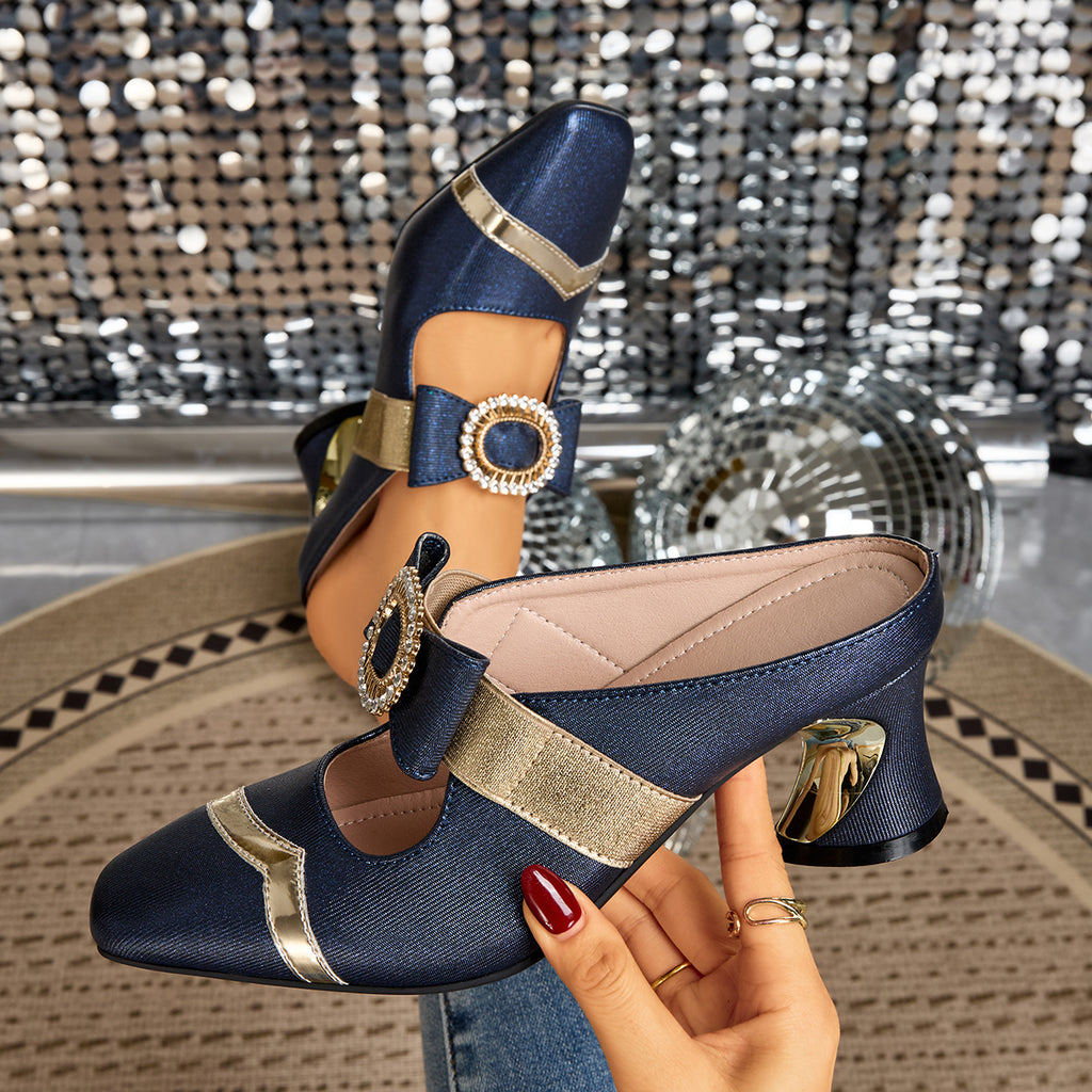 Ladies' Stylish High-Heeled Sandals with Chunky Heels And Rhinestone-Embellished Square Toes, Suitable for Weddings, Parties, And Casual Occasions., Women Shoes