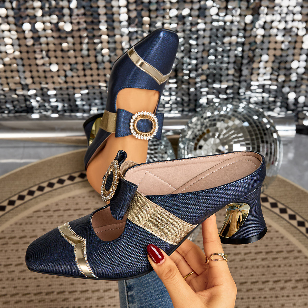Ladies' Stylish High-Heeled Sandals with Chunky Heels And Rhinestone-Embellished Square Toes, Suitable for Weddings, Parties, And Casual Occasions., Women Shoes
