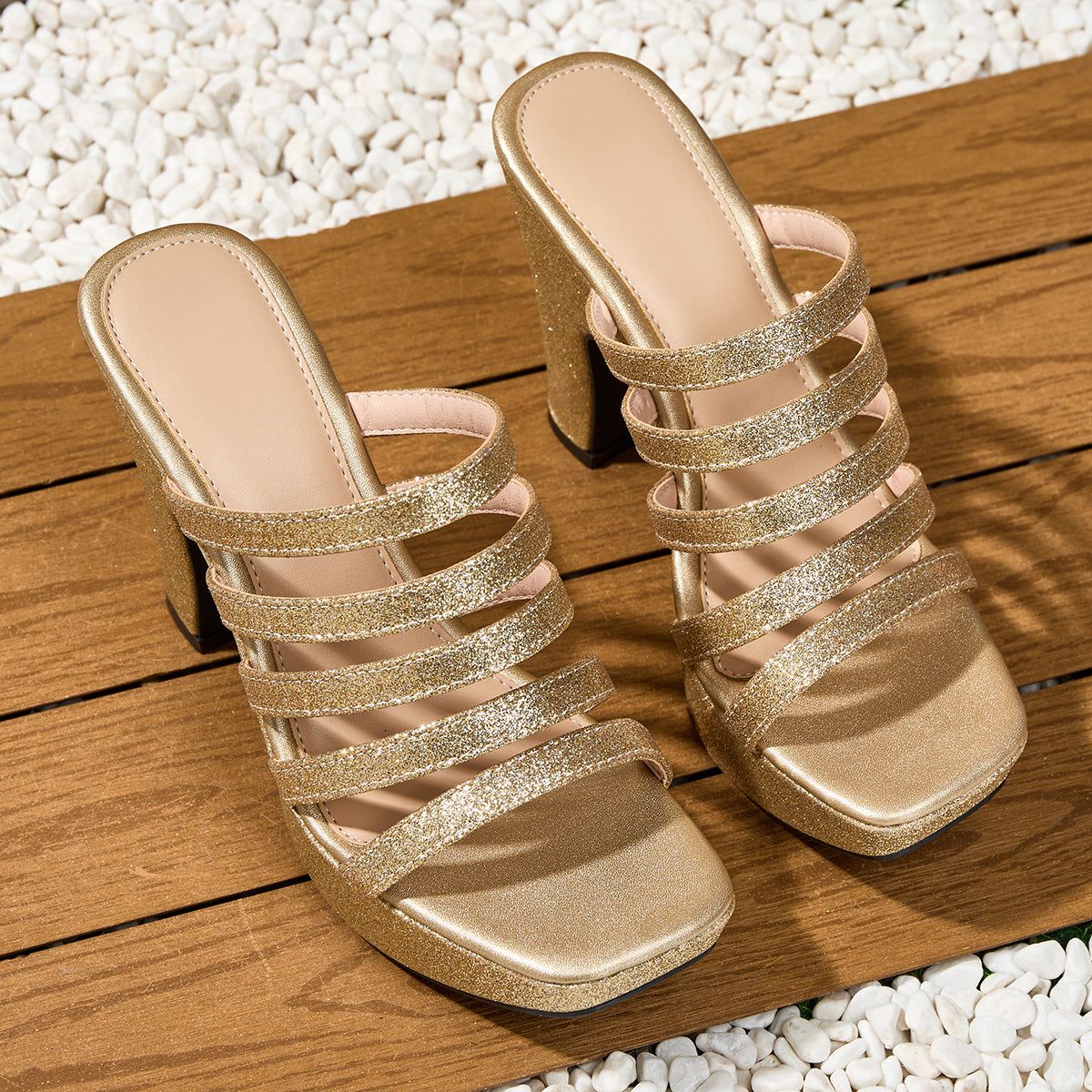 [Elegant Metallic Sandals] Elegant Metallic Women's High-Heeled Sandals | Square Toe Strap Slip-On | Open-Toe Shoes for Outings Parties Banquets