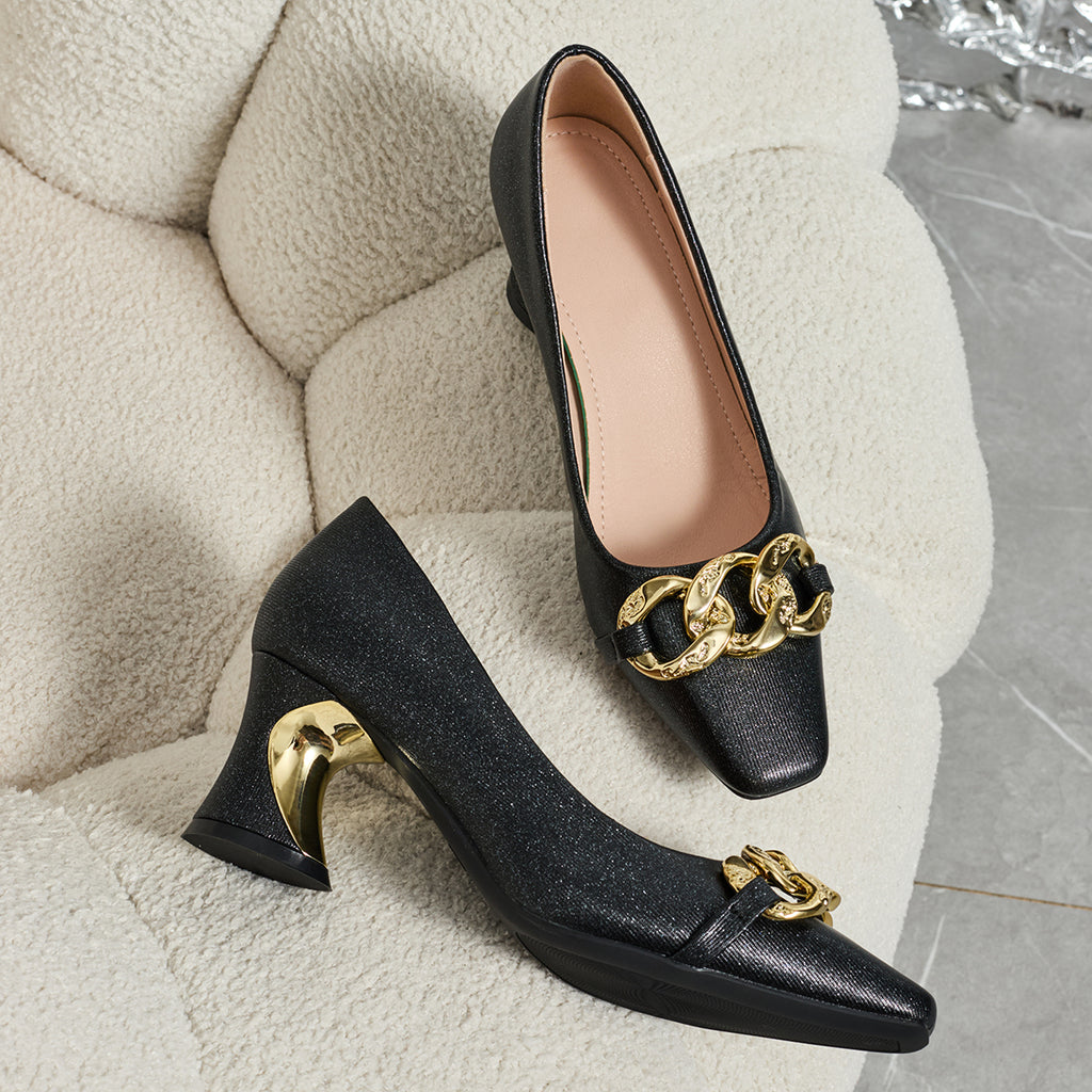 Elegant Women's Casual and Fashionable Small Square Metal Buckle High Heels, Comfortable and Versatile with Thick Heels, Suitable for Work, Leisure, Professional Parties, Women Shoes