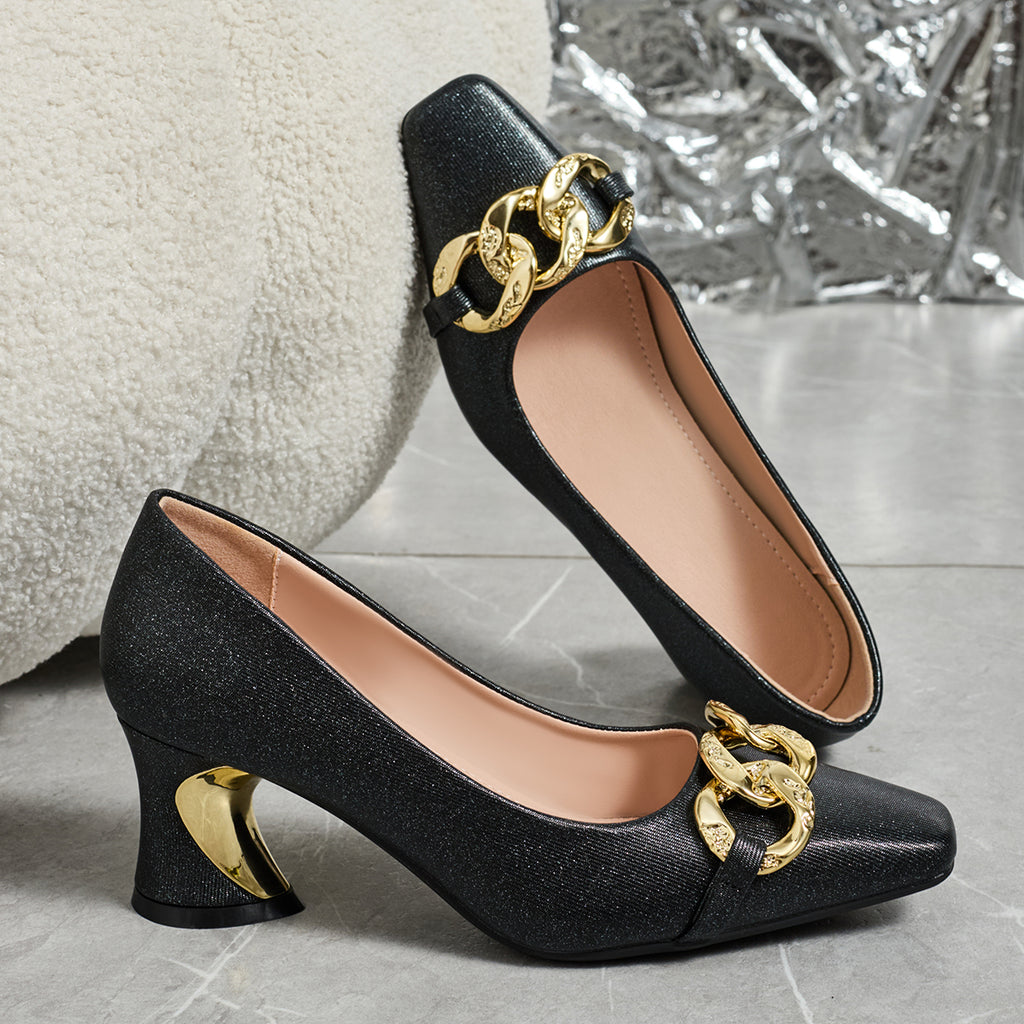 Elegant Women's Casual and Fashionable Small Square Metal Buckle High Heels, Comfortable and Versatile with Thick Heels, Suitable for Work, Leisure, Professional Parties, Women Shoes