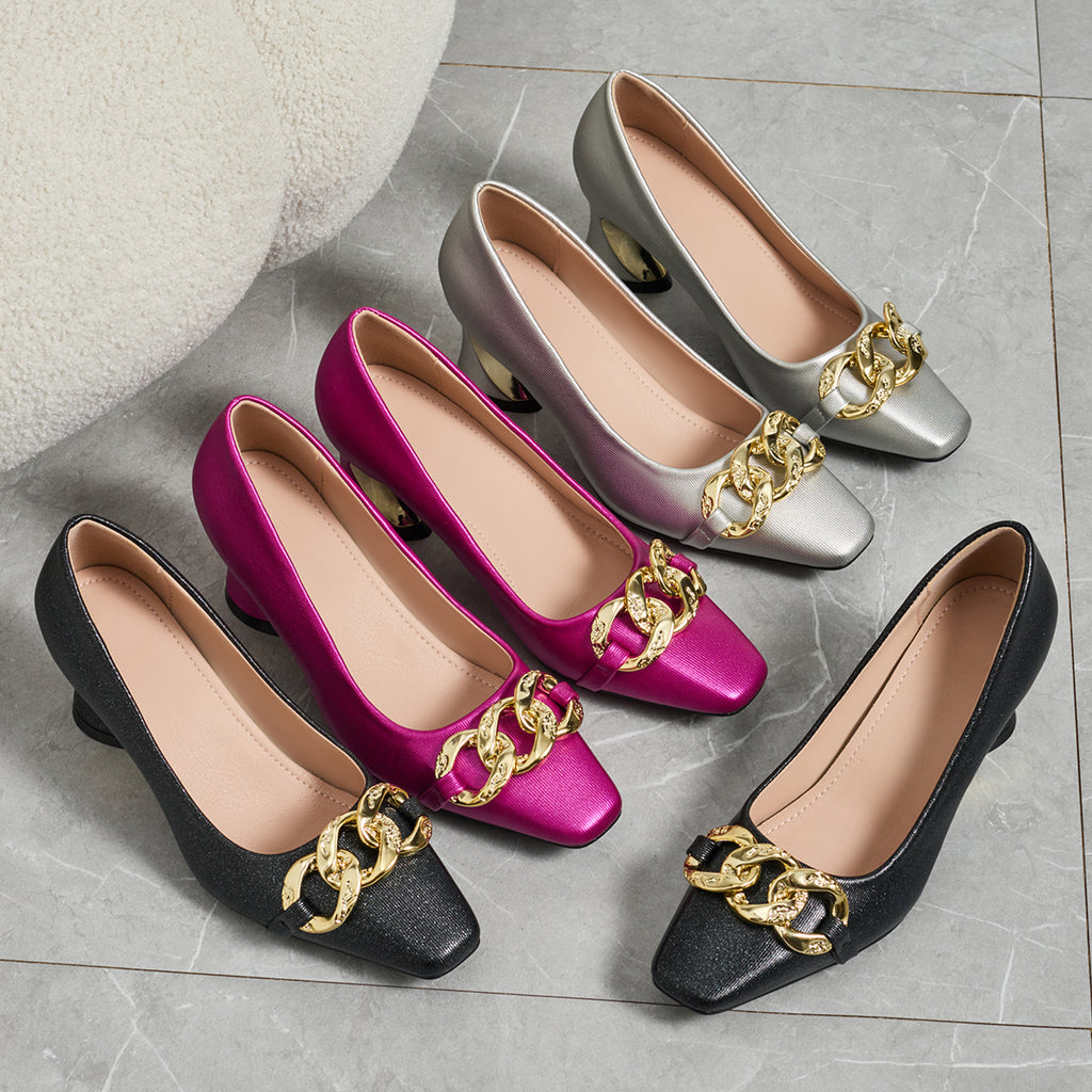 Elegant Women's Casual and Fashionable Small Square Metal Buckle High Heels, Comfortable and Versatile with Thick Heels, Suitable for Work, Leisure, Professional Parties, Women Shoes