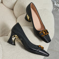 Elegant Women'S Casual Fashion Square-Toed High Heels with Metal Buckles, Comfortable Chunky Heels Suitable for, Leisure, And Professional Parties., Women Shoes
