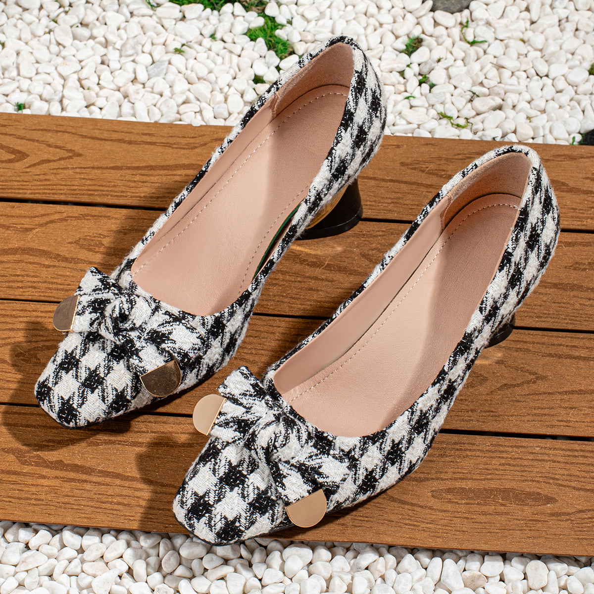 Ladies' Casual Vintage Houndstooth Bow-Tie Small Square-Toe High Heels, Comfortable And Versatile., Women Shoes