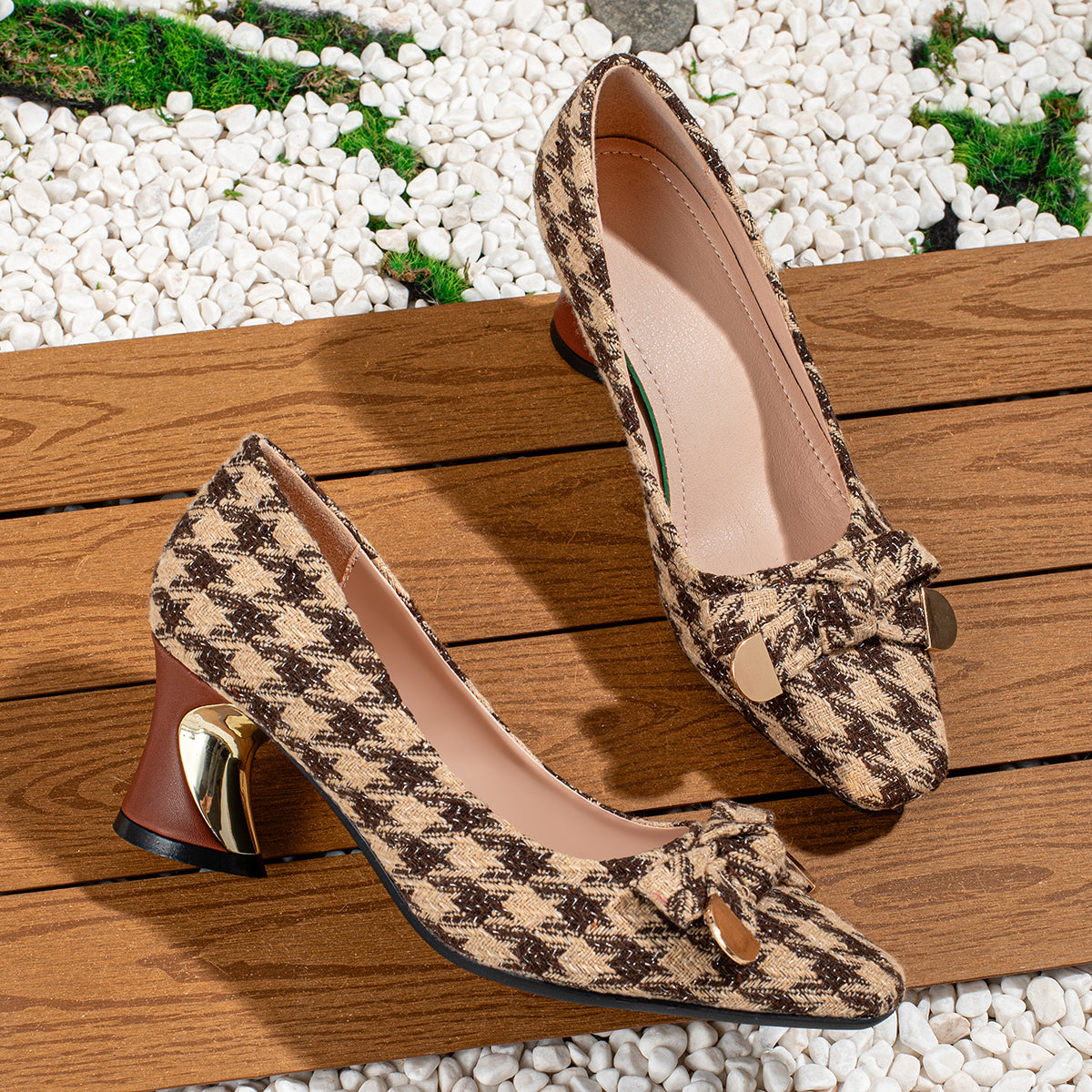 Ladies' Casual Vintage Houndstooth Bow-Tie Small Square-Toe High Heels, Comfortable And Versatile., Women Shoes