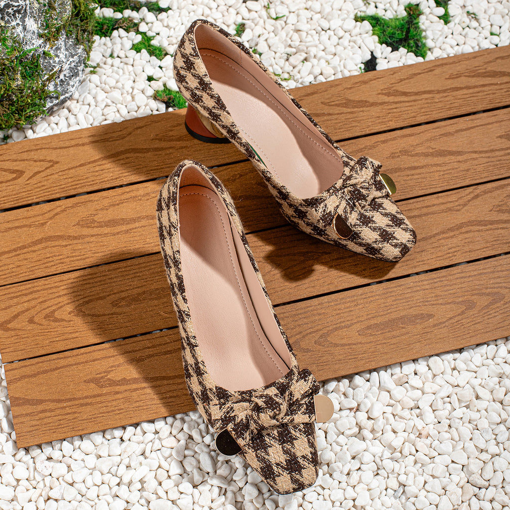 Ladies' Casual Vintage Houndstooth Bow-Tie Small Square-Toe High Heels, Comfortable And Versatile., Women Shoes