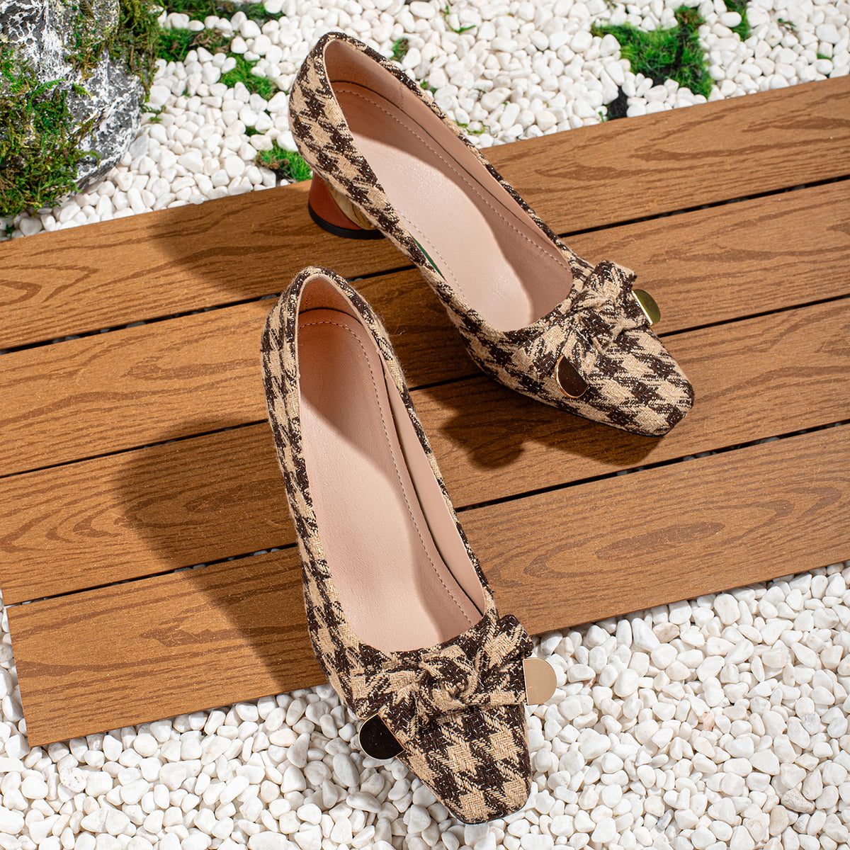 Ladies' Casual Vintage Houndstooth Bow-Tie Small Square-Toe High Heels, Comfortable And Versatile., Women Shoes