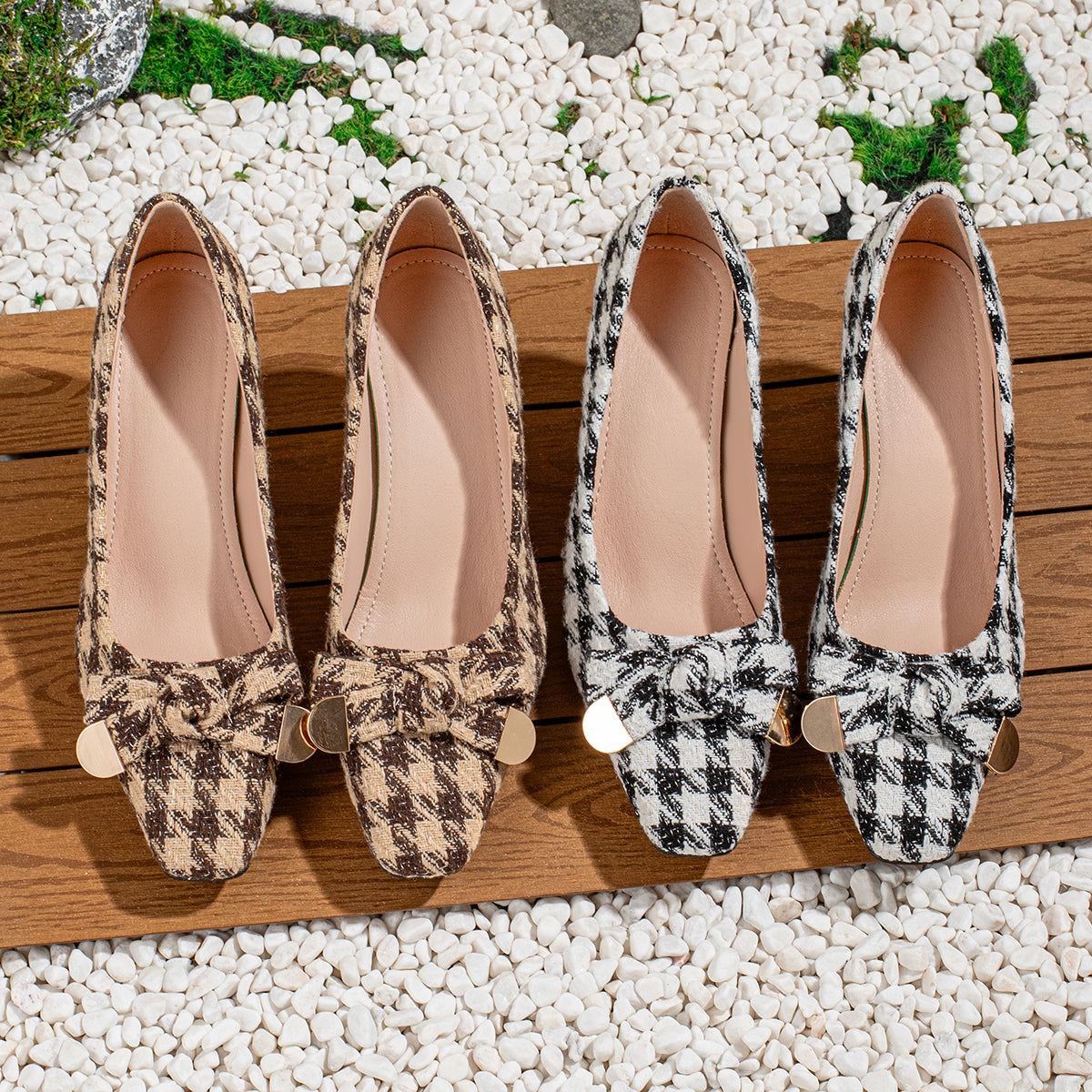 Ladies' Casual Vintage Houndstooth Bow-Tie Small Square-Toe High Heels, Comfortable And Versatile., Women Shoes