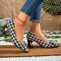 Ladies' Casual Vintage Houndstooth Bow-Tie Small Square-Toe High Heels, Comfortable And Versatile., Women Shoes