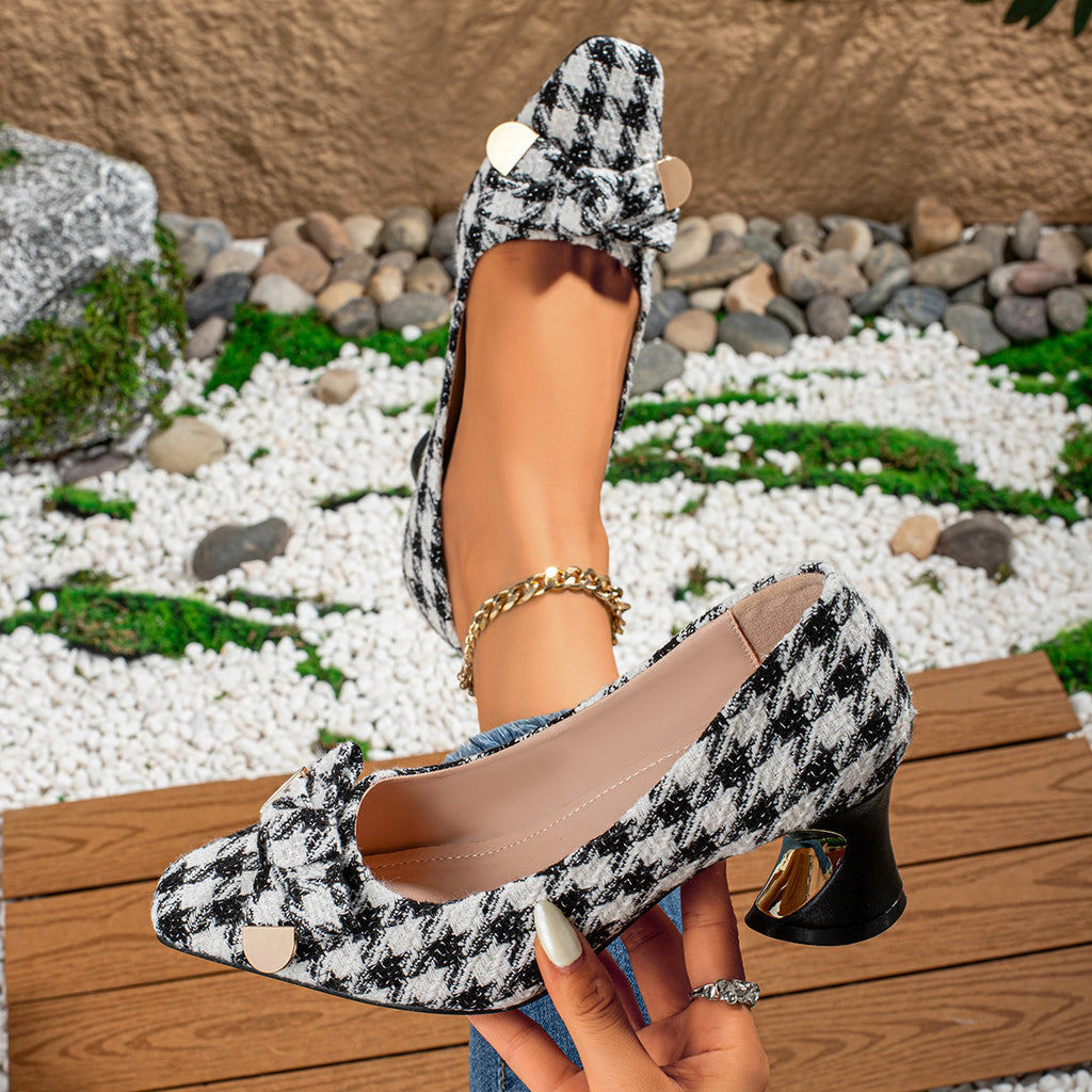 Ladies' Casual Vintage Houndstooth Bow-Tie Small Square-Toe High Heels, Comfortable And Versatile., Women Shoes