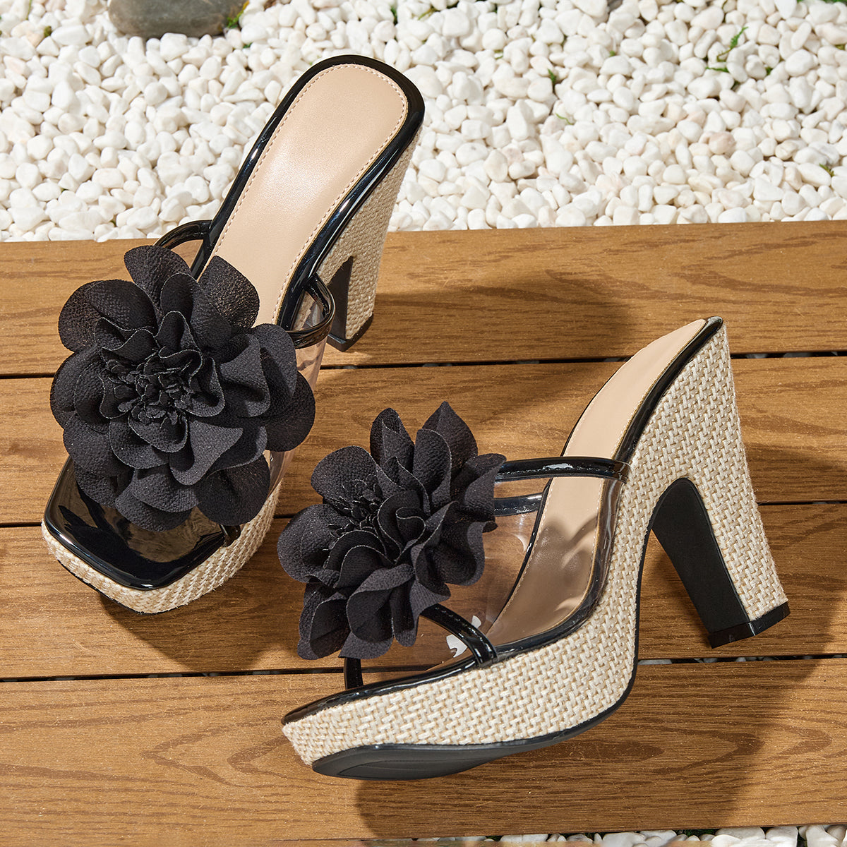 Elegant Women'S Bohemian-Style High-Heeled Sandals with a Square Toe Design, Transparent Floral Thick Sole, Suitable for Balls, Parties, Weddings, And Professional Events., Women Shoes