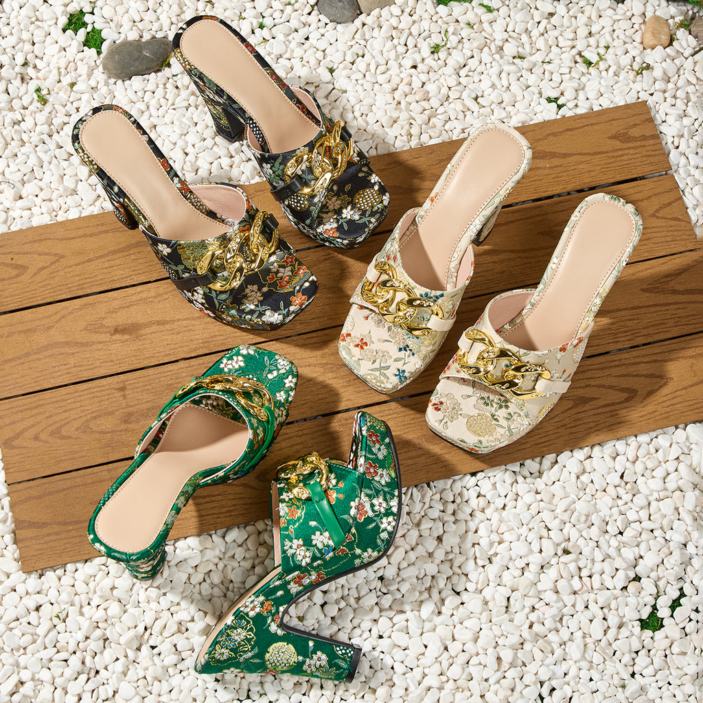 Elegant Women's Metal Buckle High Heel Sandals with Golden Thread Accents, Square Toe Open-Toe Slides, Bohemian Style Slip-On, Suitable for Banquets, Weddings, and Any Occasions, Women Shoes