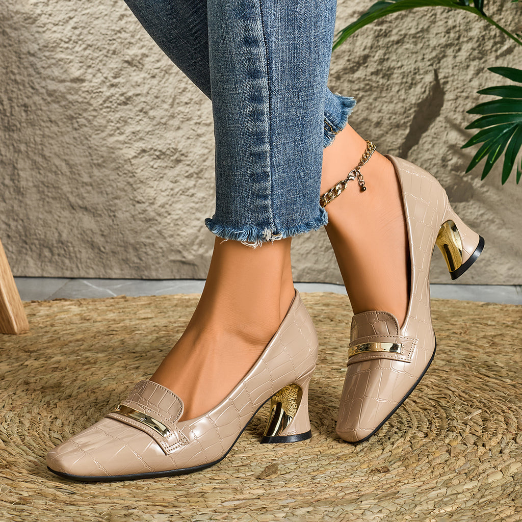 Elegant Ladies Casual Fashion Deep Mouth Square Head One-strap Embossed High Heels Comfortable Thick Heel Versatile Style Suitable for Party Banquet Wedding, Women Shoes