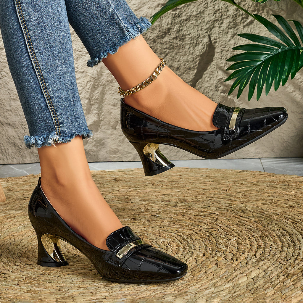 Elegant Ladies Casual Fashion Deep Mouth Square Head One-strap Embossed High Heels Comfortable Thick Heel Versatile Style Suitable for Party Banquet Wedding, Women Shoes