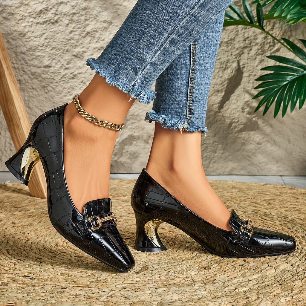 European and American Fashionable Autumn and Winter Patent Embossed Button Women's High Heels, Women Shoes
