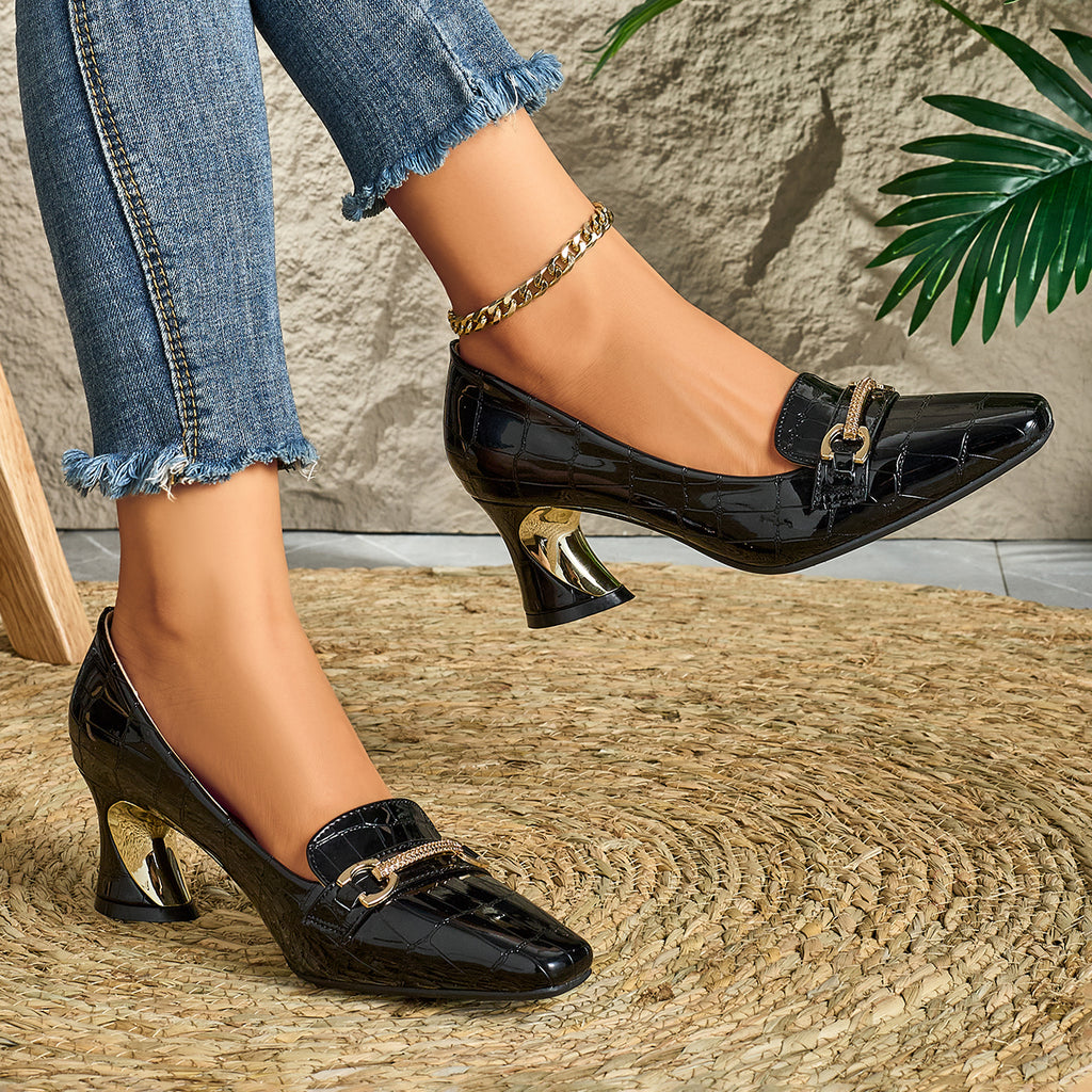 European and American Fashionable Autumn and Winter Patent Embossed Button Women's High Heels, Women Shoes