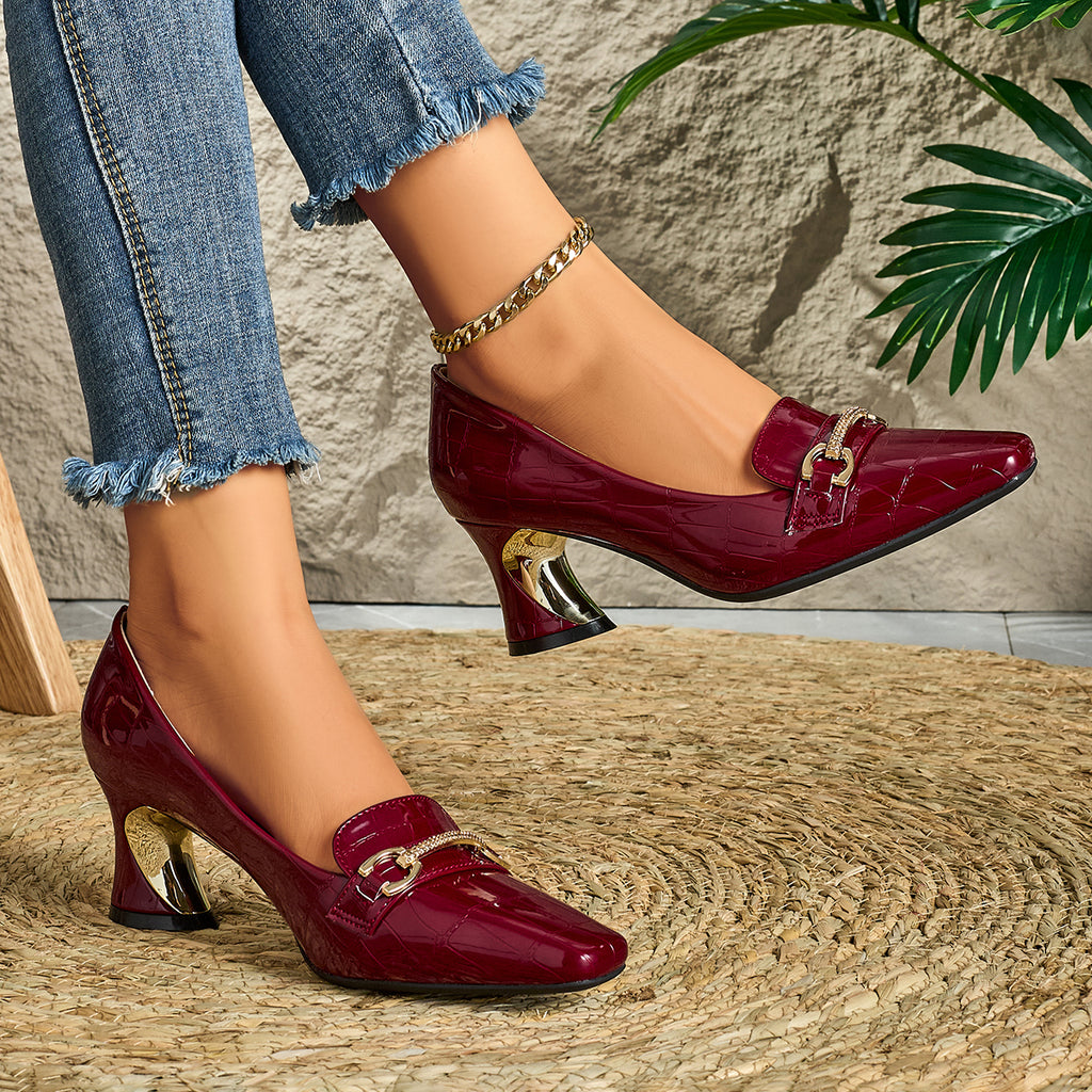 European and American Fashionable Autumn and Winter Patent Embossed Button Women's High Heels, Women Shoes