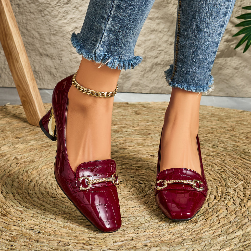 European and American Fashionable Autumn and Winter Patent Embossed Button Women's High Heels, Women Shoes