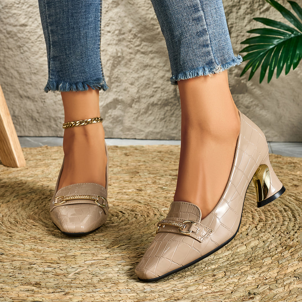 European and American Fashionable Autumn and Winter Patent Embossed Button Women's High Heels, Women Shoes