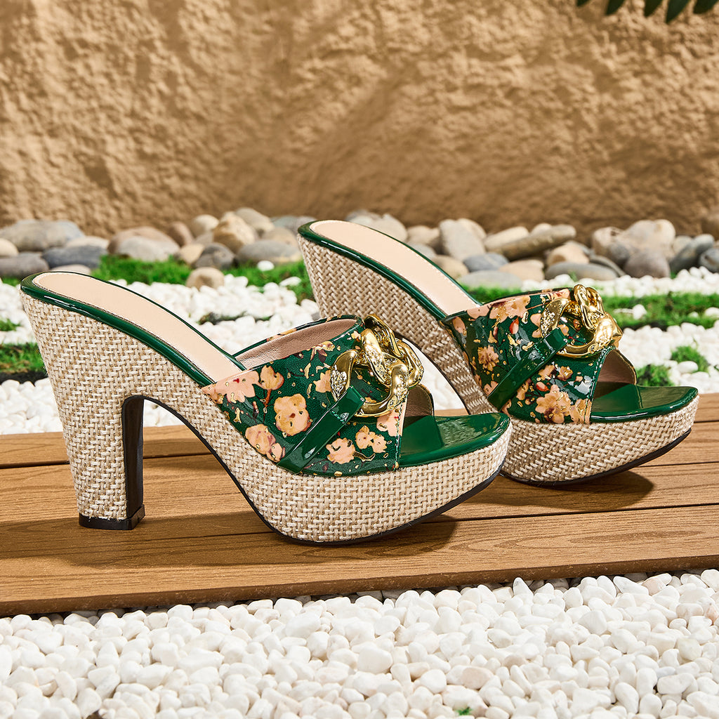 Elegant Women's Summer Slip-On Platform Heeled Sandals, Fashion Print Metal Buckle High Heels for Banquet Evening Dresses, Women Shoes