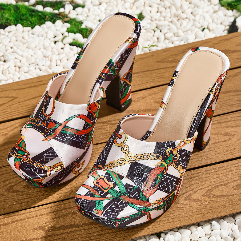Women's Fashion Elegant Square-Toe Print Slip-On High Heel Sandals, Versatile for Work and Casual Wear, Women Shoes