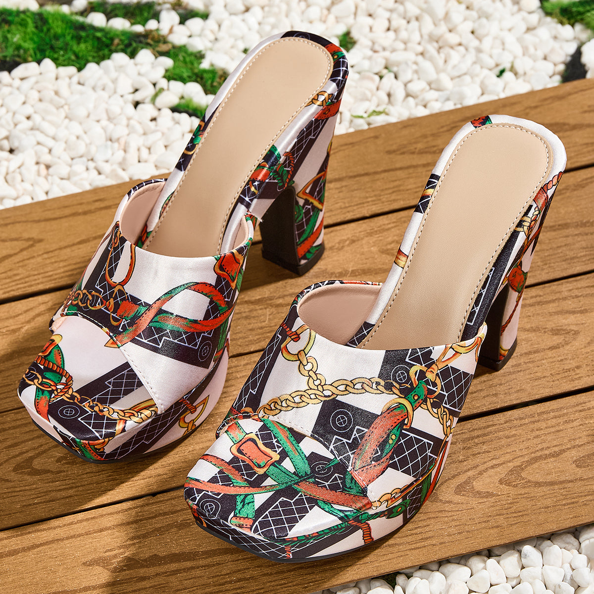 Women's Fashion Elegant Square-Toe Print Slip-On High Heel Sandals, Versatile for Work and Casual Wear, Women Shoes