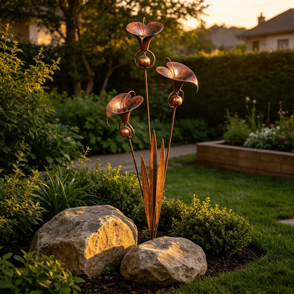 Flamed Copper Three Calla Lilies Garden Stake with Bells. 28 Handcrafted Outdoor Yard Art